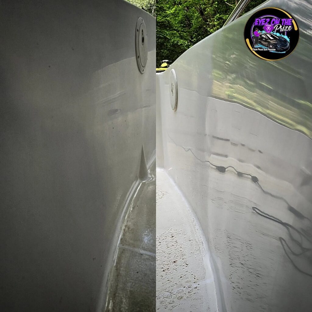 Split image of a white boat hull, dull and oxidized on the left, glossy and reflective after polishing on the right.