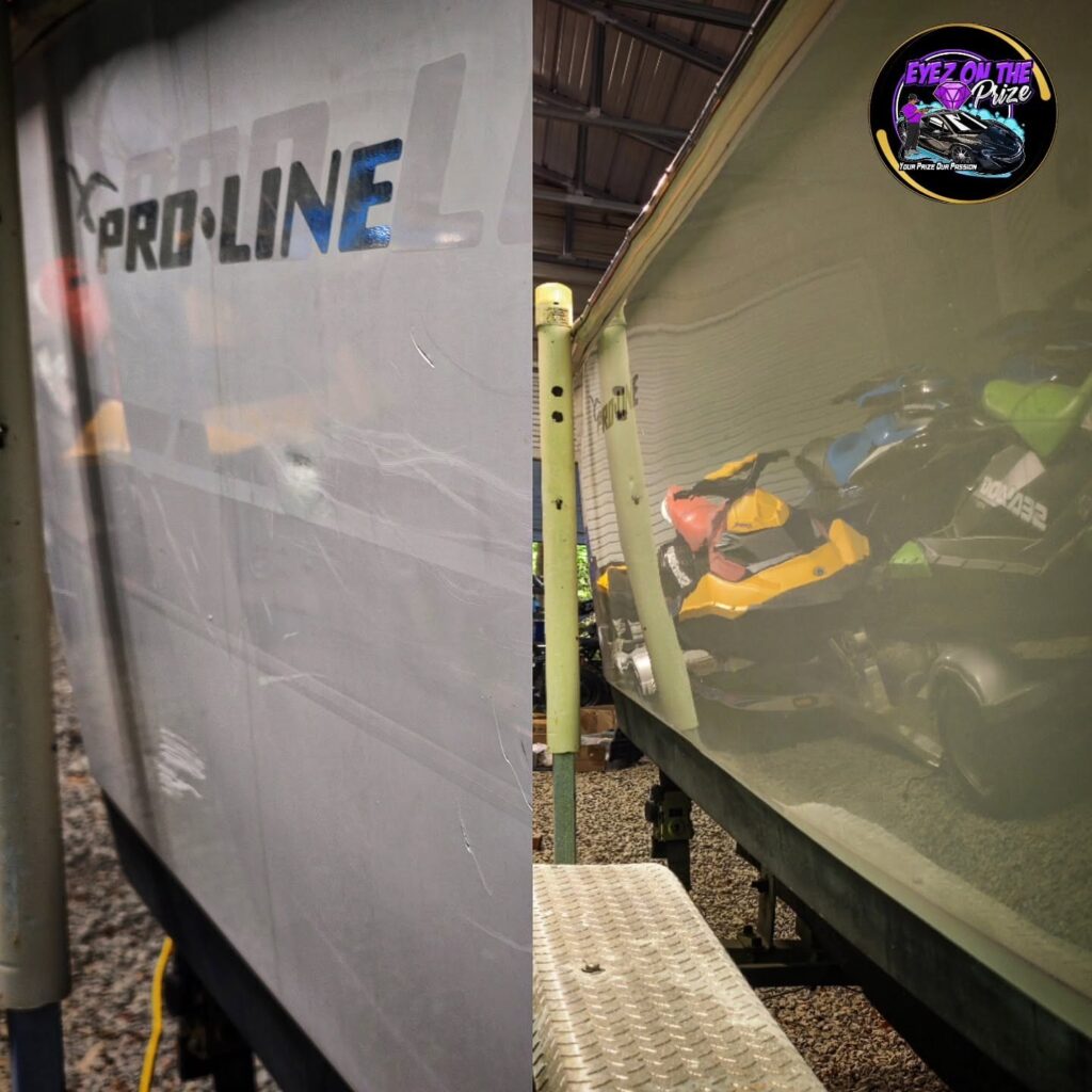 Split image of a Pro-Line boat hull, chalky and oxidized on the left, polished to a reflective gloss on the right.