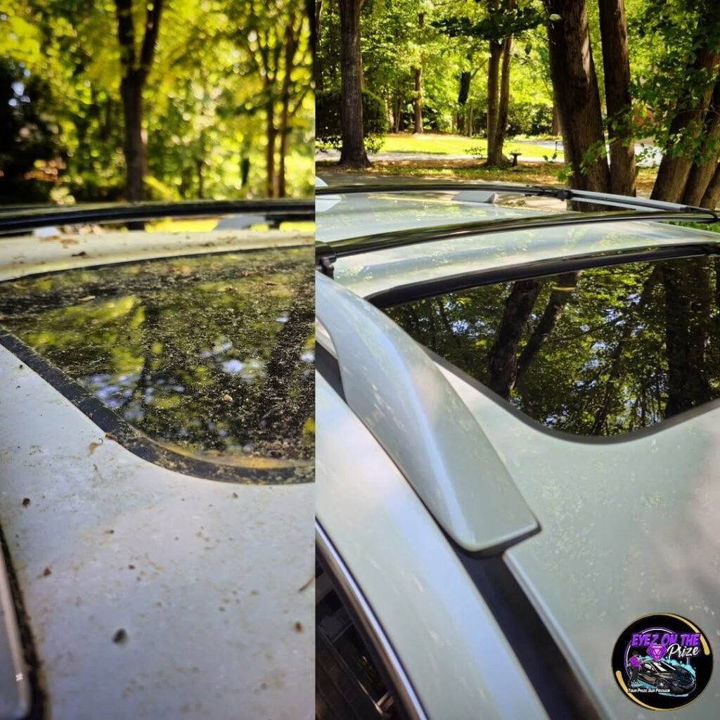 Split image of an SUV roof and sunroof, covered in dirt and debris on the left and clean with a glossy reflection on the