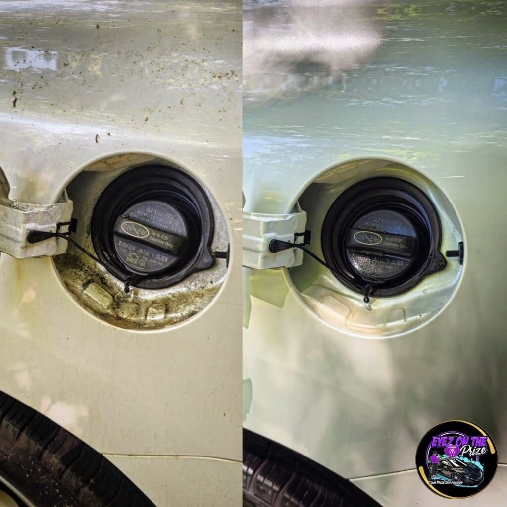 Side by side before and after of a white car's fuel filler area, dirty with grime on the left and clean on the right.