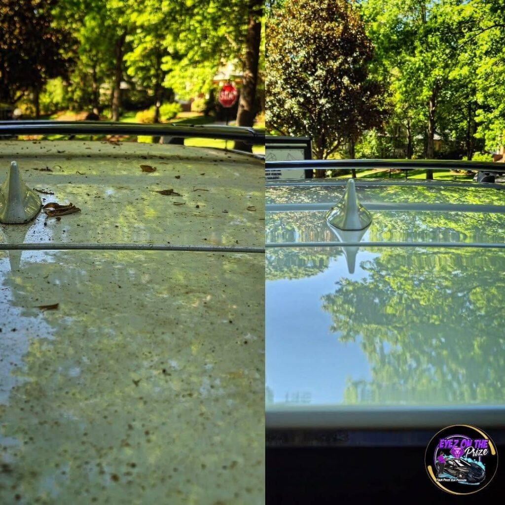 Split image of a white SUV roof, left side covered in dirt and leaf debris, right side clean and glossy reflecting trees